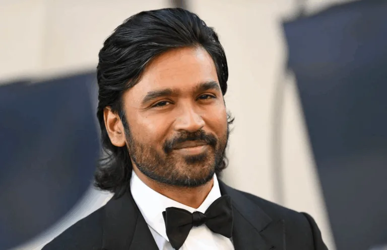 Collage of Dhanush’s film journey from Tamil cinema to Hollywood, with scenes from Kolaveri Di and The Gray Man.