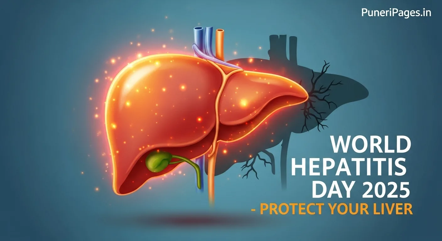 Illustration showing a healthy and diseased liver side-by-side with the message "World Hepatitis Day 2025 - Protect Your Liver" and PuneriPages.in branding.