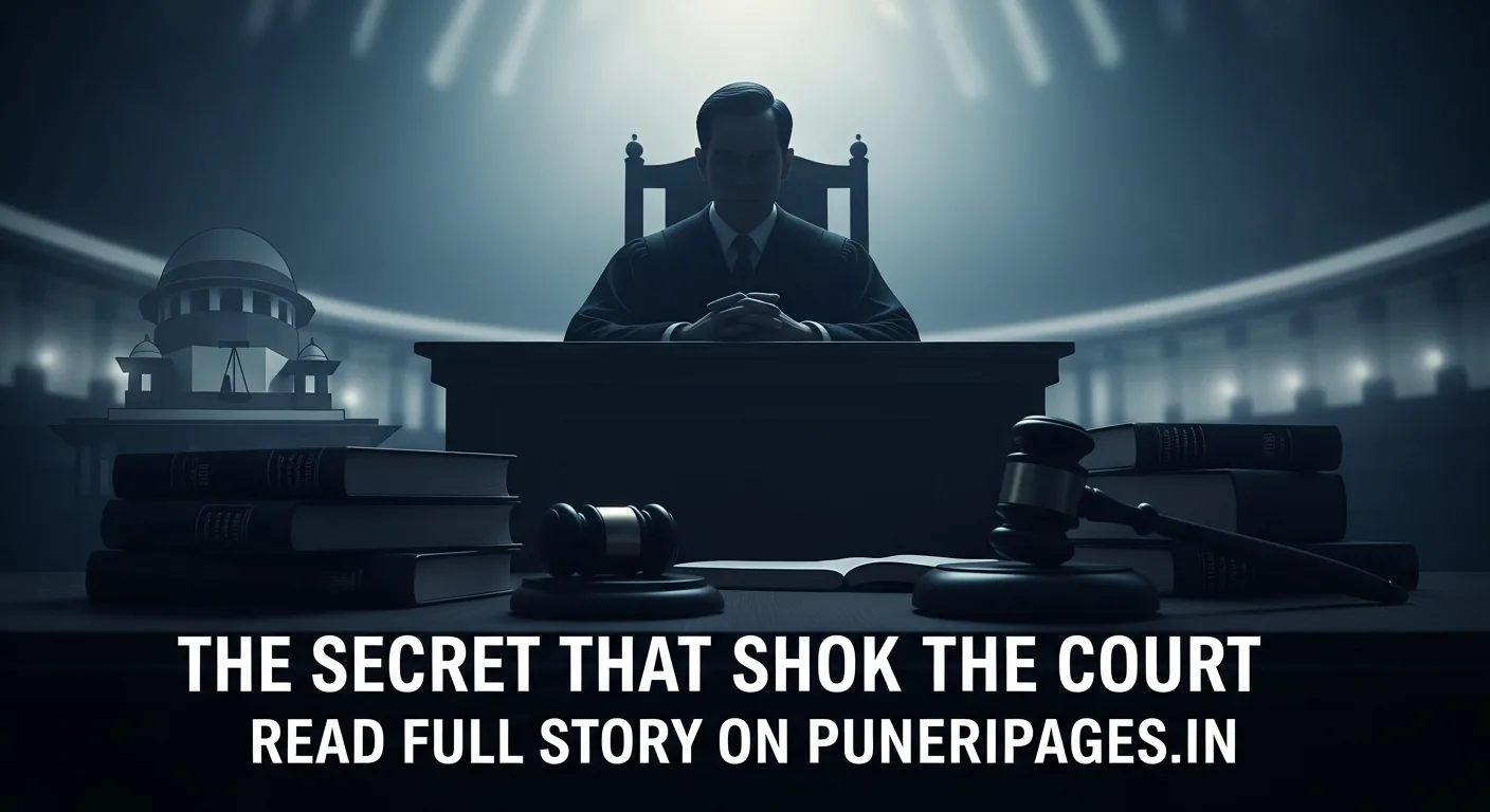 Silhouetted judge in a shadowy courtroom symbolizing the secretive Judge 'XXX' case – featured on PuneriPages.in