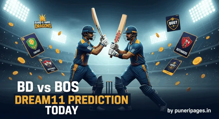 BD vs BOS Dream11 Prediction graphic with two cricket players, fantasy elements, and puneripages.in branding