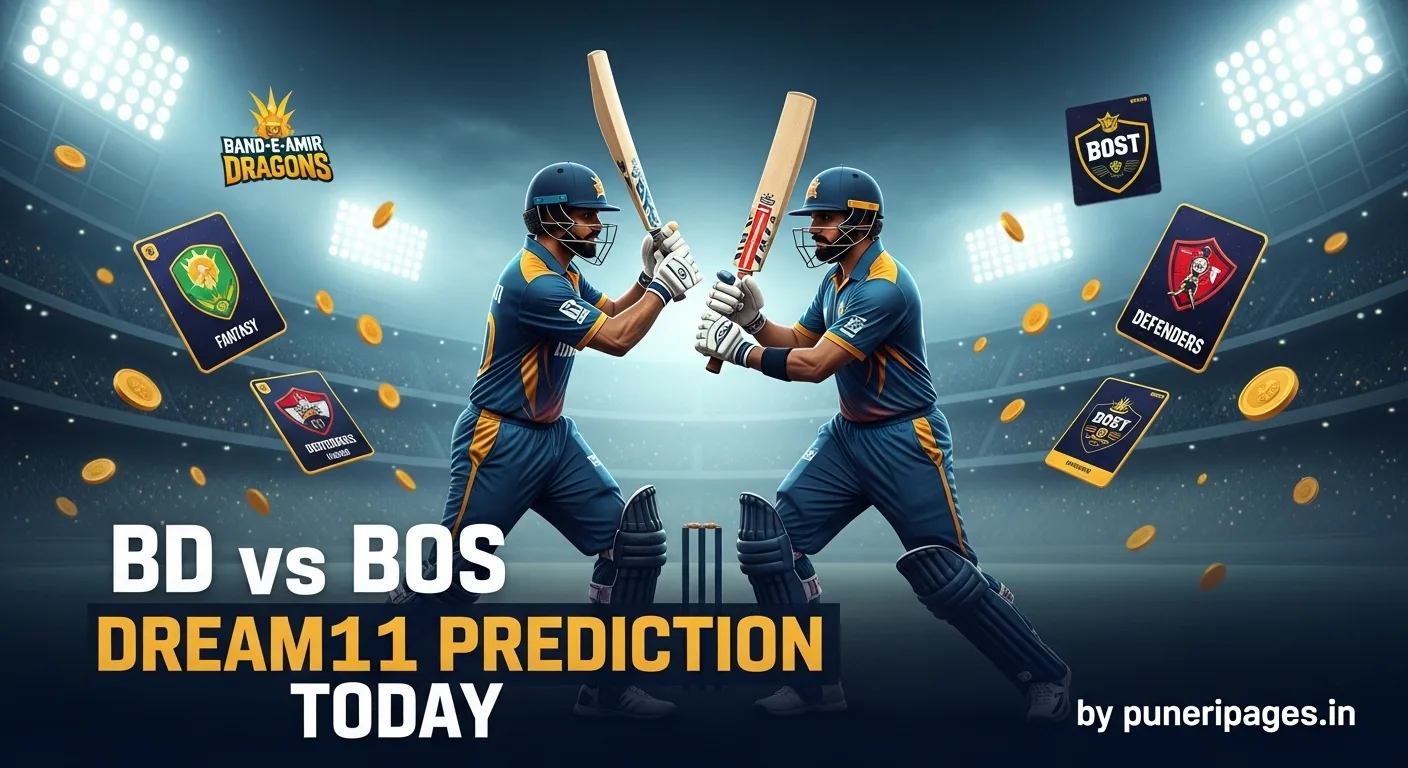 BD vs BOS Dream11 Prediction graphic with two cricket players, fantasy elements, and puneripages.in branding
