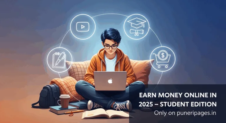 Student sitting with a laptop, surrounded by icons of online income ideas like YouTube, tutoring, blogging, and digital products.