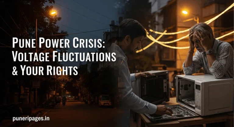 Frustrated Pune resident facing voltage fluctuation issues with damaged home appliance and flickering city lights.