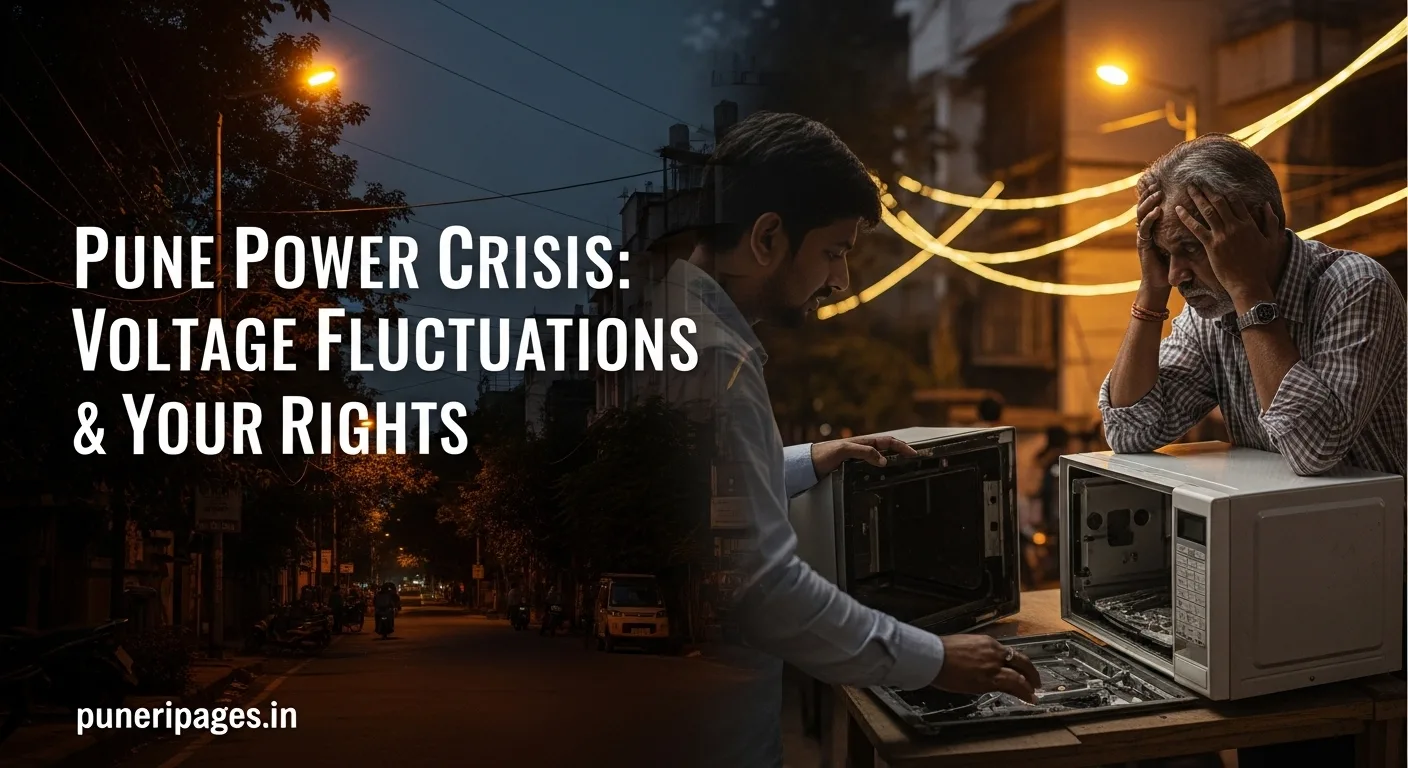 Frustrated Pune resident facing voltage fluctuation issues with damaged home appliance and flickering city lights.