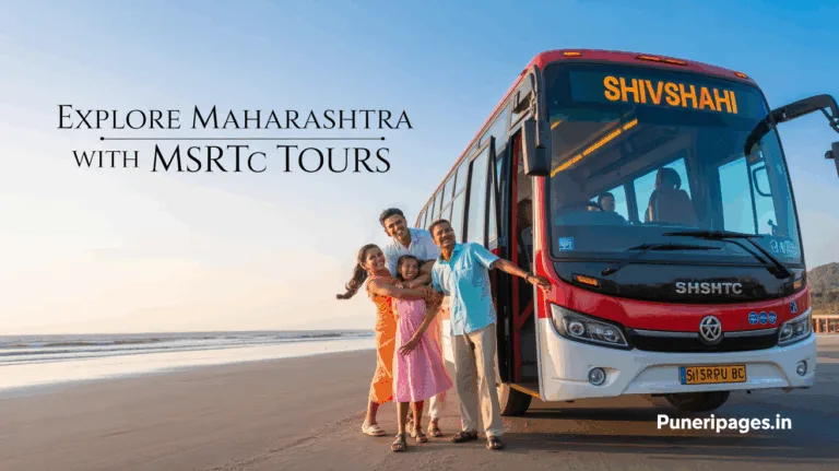 "MSRTC tour bus with passengers at scenic and spiritual locations in Maharashtra"