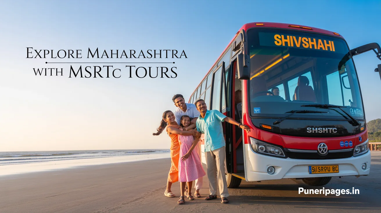 "MSRTC tour bus with passengers at scenic and spiritual locations in Maharashtra"