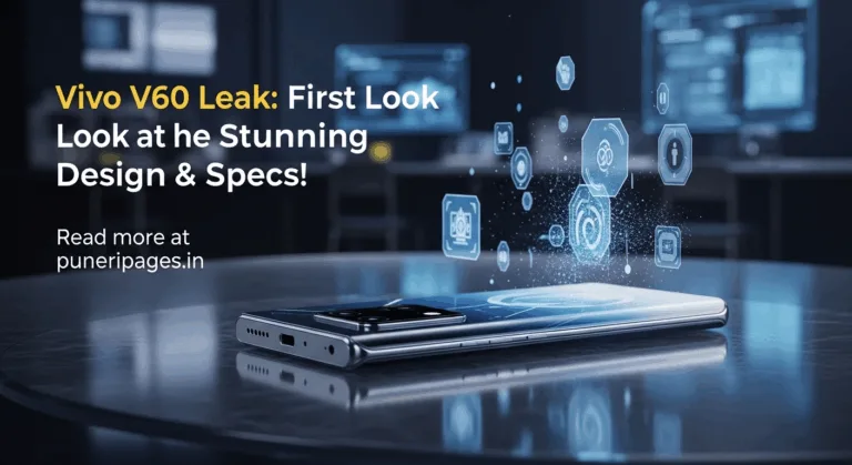 "Leaked image concept of Vivo V60 smartphone with glowing edges, digital data flow, and text overlay showing headline and puneripages.in website name."