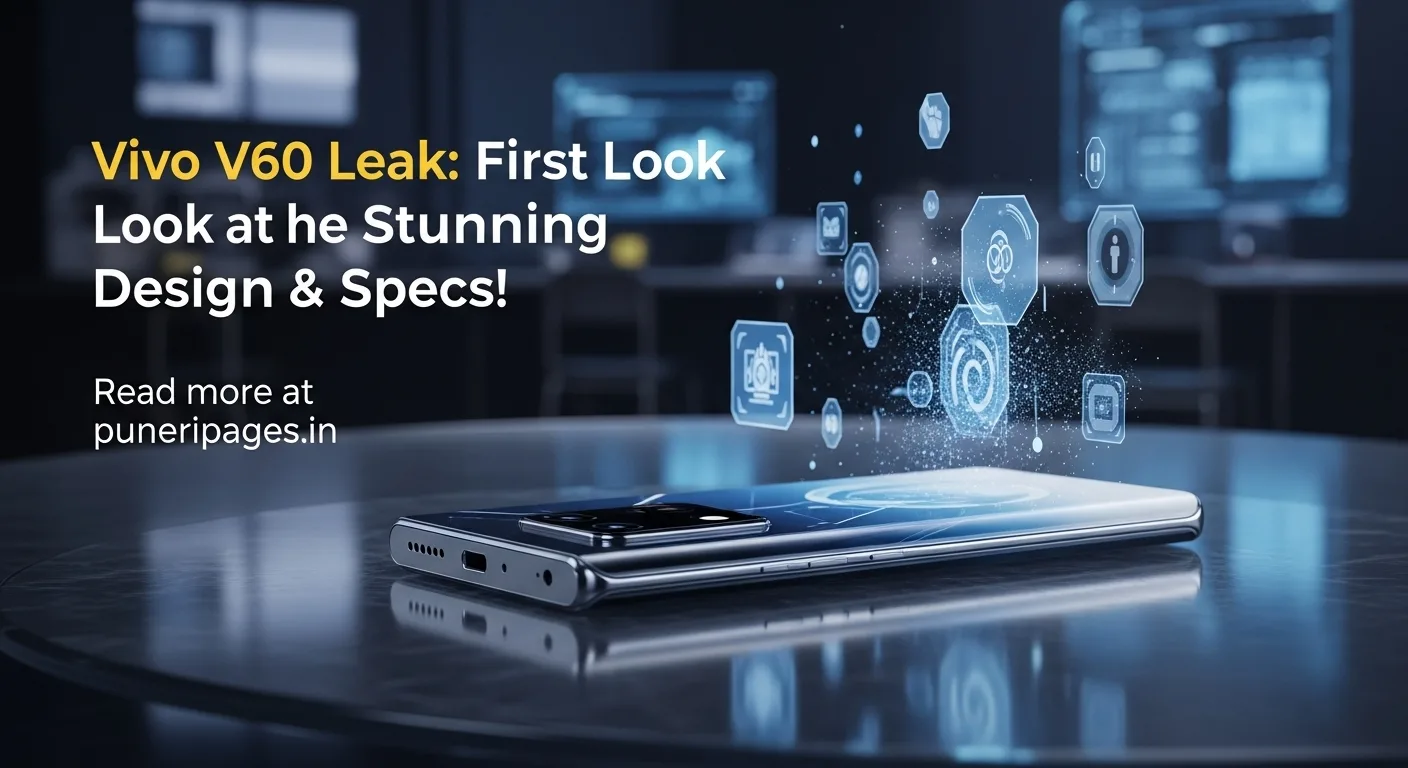 "Leaked image concept of Vivo V60 smartphone with glowing edges, digital data flow, and text overlay showing headline and puneripages.in website name."