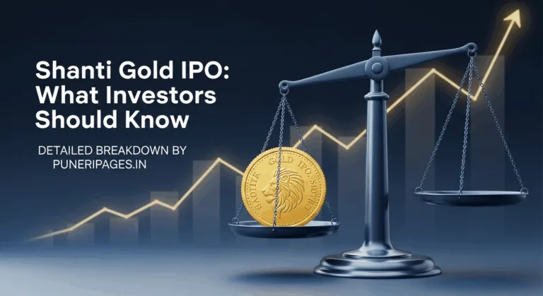 Gold coin on stock market scale with graphs and Shanti Gold IPO