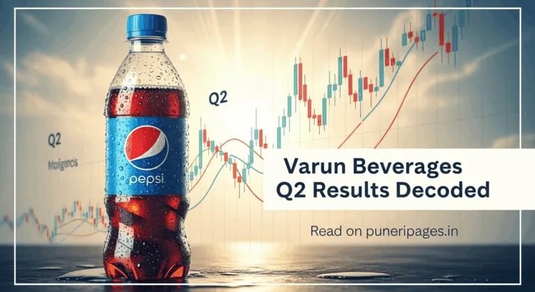 Chilled Pepsi bottle beside Q2 financial chart with summer-themed background and text overlay "Varun Beverages Q2 Results Decoded – Read on puneripages.in"