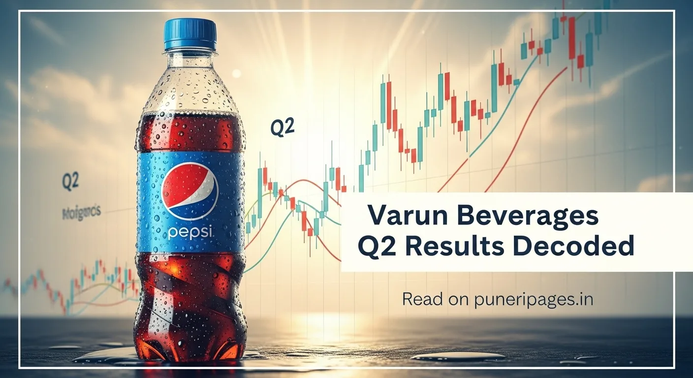 Chilled Pepsi bottle beside Q2 financial chart with summer-themed background and text overlay "Varun Beverages Q2 Results Decoded – Read on puneripages.in"