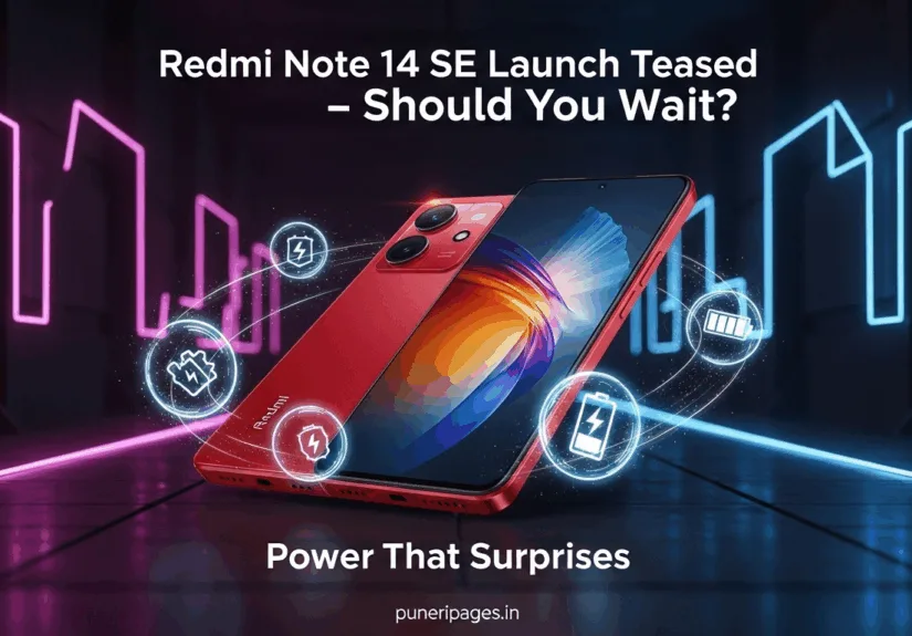 Concept image of Redmi Note 14 SE teaser with battery and performance highlights, and 'puneripages.in' branding.