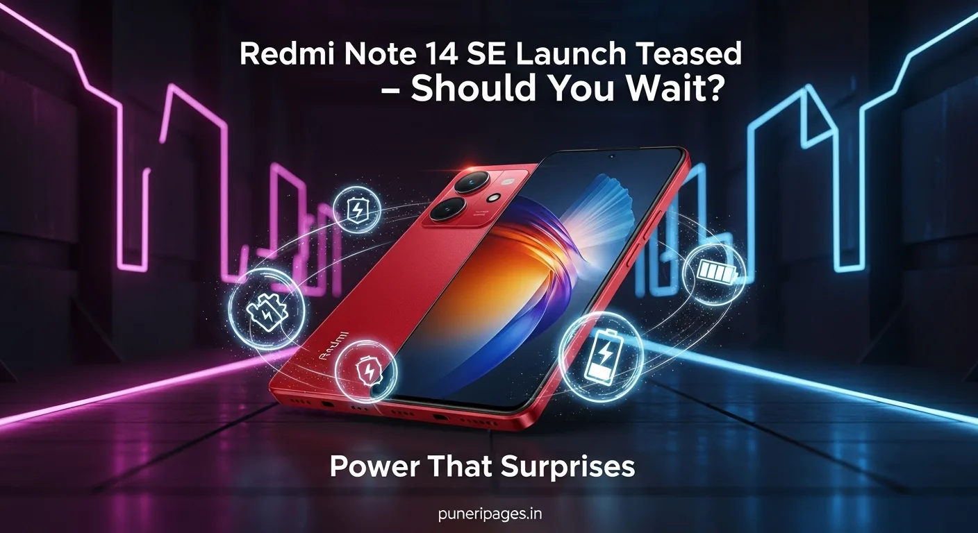 Concept image of Redmi Note 14 SE teaser with battery and performance highlights, and 'puneripages.in' branding.