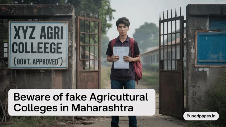Student near suspicious agri college banner labeled "XYZ Agri College" in Maharashtra.