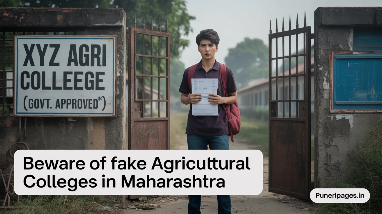 Student near suspicious agri college banner labeled "XYZ Agri College" in Maharashtra.