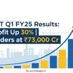 L&T Q1 FY25 results infographic showing profit rise, infrastructure growth and order book update, branded by puneripages.in