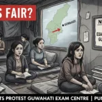 Displaced Kuki-Zo students sitting in a relief camp, looking at a notice about the MPSC exam centre being shifted to Guwahati, with protest text overlay.