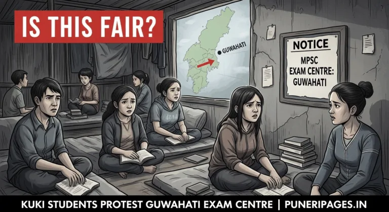 Displaced Kuki-Zo students sitting in a relief camp, looking at a notice about the MPSC exam centre being shifted to Guwahati, with protest text overlay.