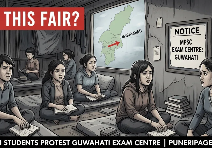 Displaced Kuki-Zo students sitting in a relief camp, looking at a notice about the MPSC exam centre being shifted to Guwahati, with protest text overlay.