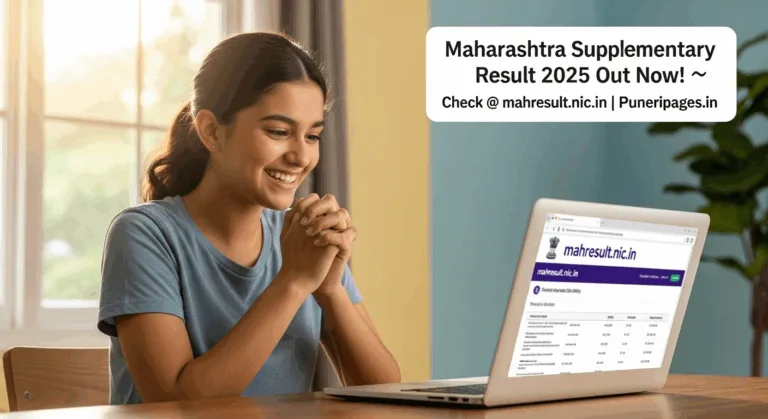 Student checking Maharashtra 10th, 12th Supplementary Result 2025 online with visible joy on their face, mahresult.nic.in shown on laptop screen.