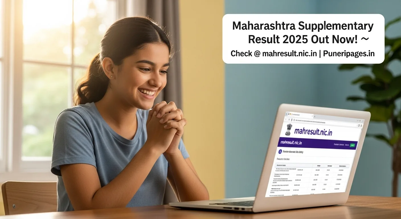 Student checking Maharashtra 10th, 12th Supplementary Result 2025 online with visible joy on their face, mahresult.nic.in shown on laptop screen.