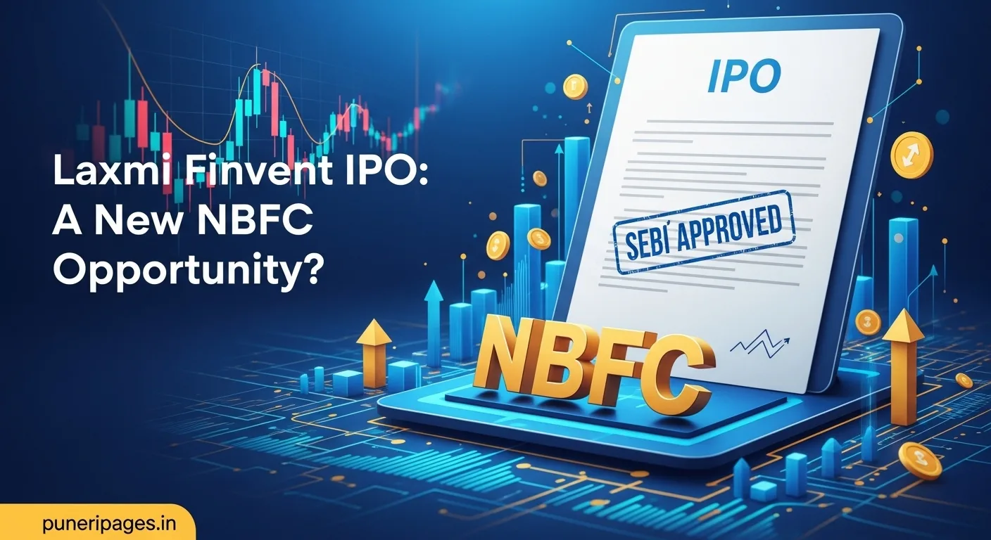 Illustrated graphic of IPO launch with stock chart, SEBI approval stamp, and NBFC icon, featuring the headline "Laxmi Finvest IPO: A New NBFC Opportunity?" and puneripages.in branding.