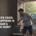 Illustration showing Pune resident with empty bucket and broken pipeline, representing water shortage.