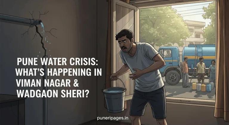 Illustration showing Pune resident with empty bucket and broken pipeline, representing water shortage.