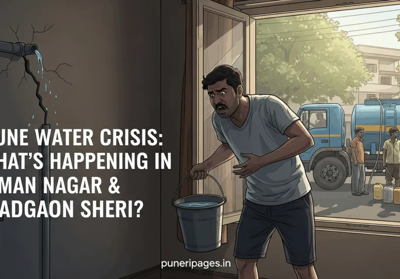Illustration showing Pune resident with empty bucket and broken pipeline, representing water shortage.