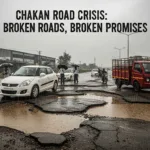 Rain-damaged road in Chakan with deep potholes, flooded water, stuck vehicles, and angry commuters with umbrellas.