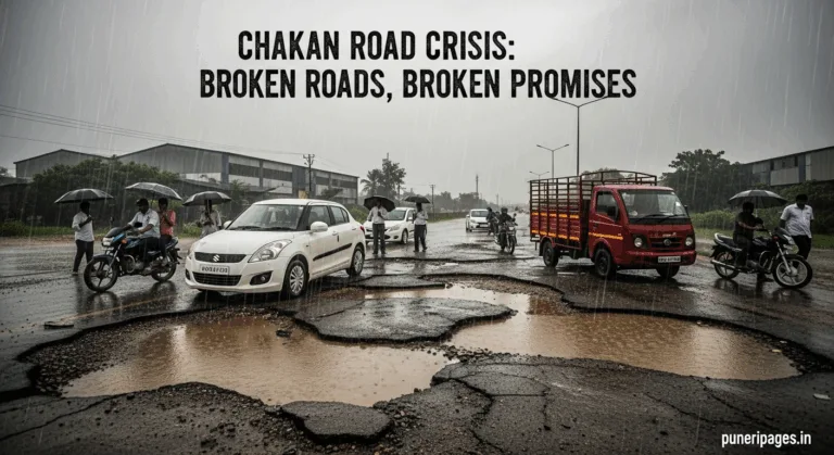Rain-damaged road in Chakan with deep potholes, flooded water, stuck vehicles, and angry commuters with umbrellas.