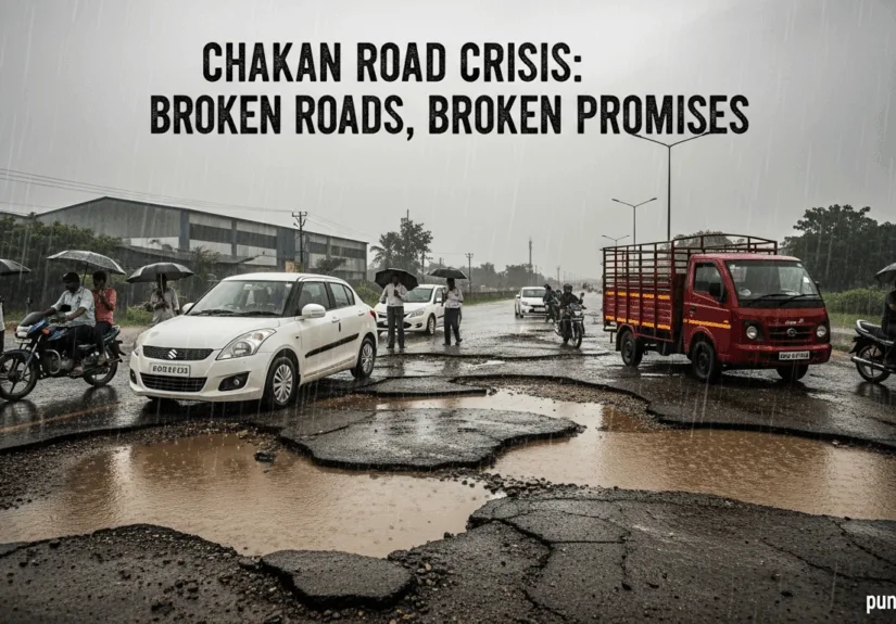 Rain-damaged road in Chakan with deep potholes, flooded water, stuck vehicles, and angry commuters with umbrellas.