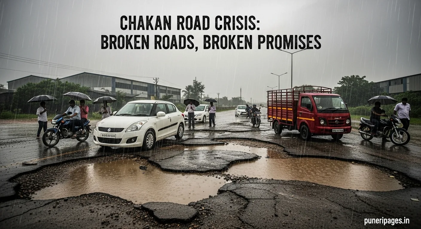Rain-damaged road in Chakan with deep potholes, flooded water, stuck vehicles, and angry commuters with umbrellas.