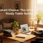 Student working at a cozy wooden study table with books and a laptop, in a bright naturally lit room.