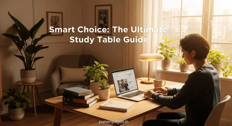 Student working at a cozy wooden study table with books and a laptop, in a bright naturally lit room.