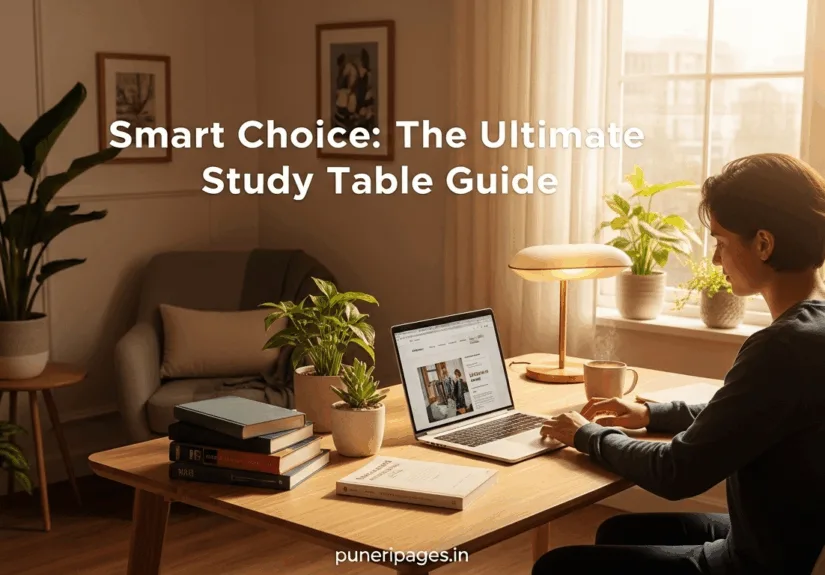 Student working at a cozy wooden study table with books and a laptop, in a bright naturally lit room.