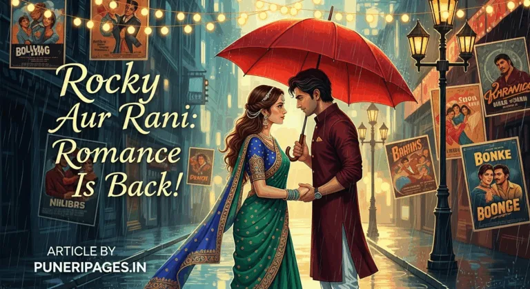 Romantic Bollywood couple standing under an umbrella in a rain-soaked street with vintage cinema posters and fairy lights, featuring the text "Rocky Aur Rani: Romance Is Back!" and "puneripages.in"