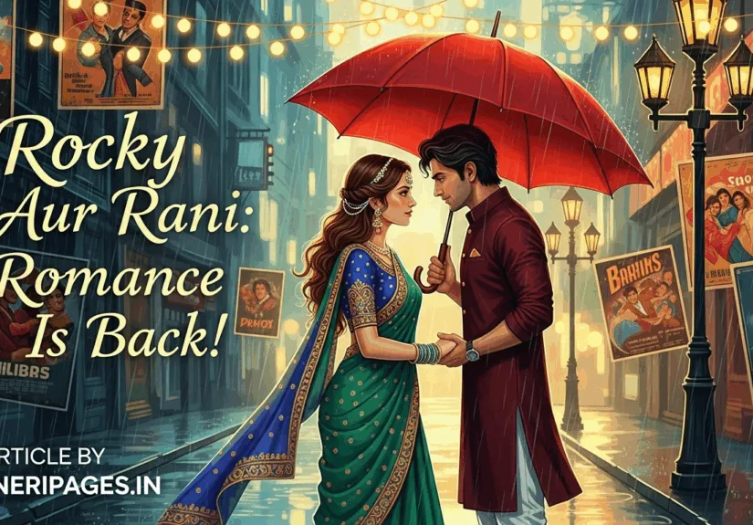 Romantic Bollywood couple standing under an umbrella in a rain-soaked street with vintage cinema posters and fairy lights, featuring the text "Rocky Aur Rani: Romance Is Back!" and "puneripages.in"