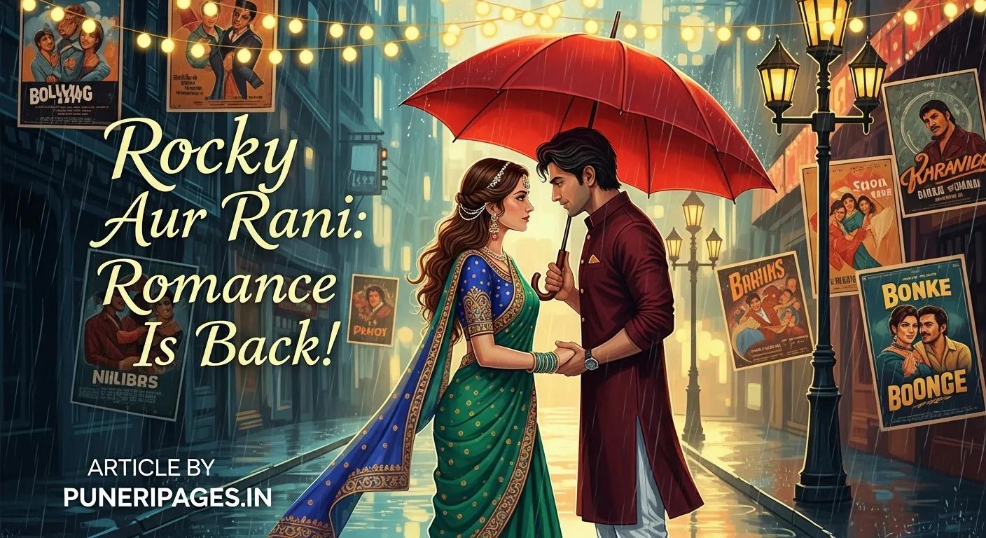 Romantic Bollywood couple standing under an umbrella in a rain-soaked street with vintage cinema posters and fairy lights, featuring the text "Rocky Aur Rani: Romance Is Back!" and "puneripages.in"