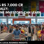 DMart store in Pune filled with customers after stock rally announcement, with text overlay about investor lessons and puneripages.in branding