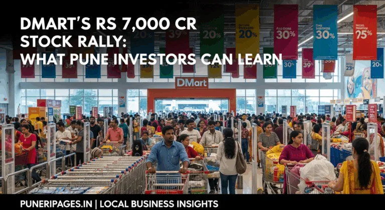 DMart store in Pune filled with customers after stock rally announcement, with text overlay about investor lessons and puneripages.in branding