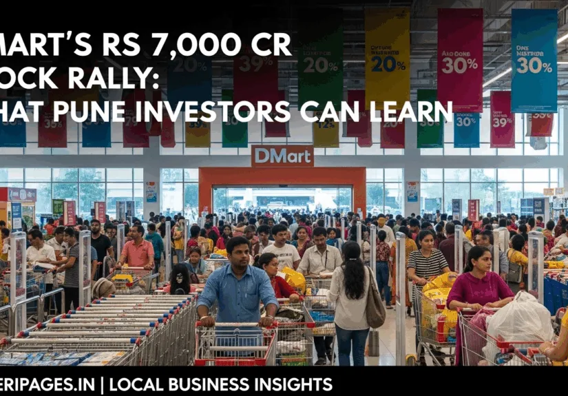 DMart store in Pune filled with customers after stock rally announcement, with text overlay about investor lessons and puneripages.in branding