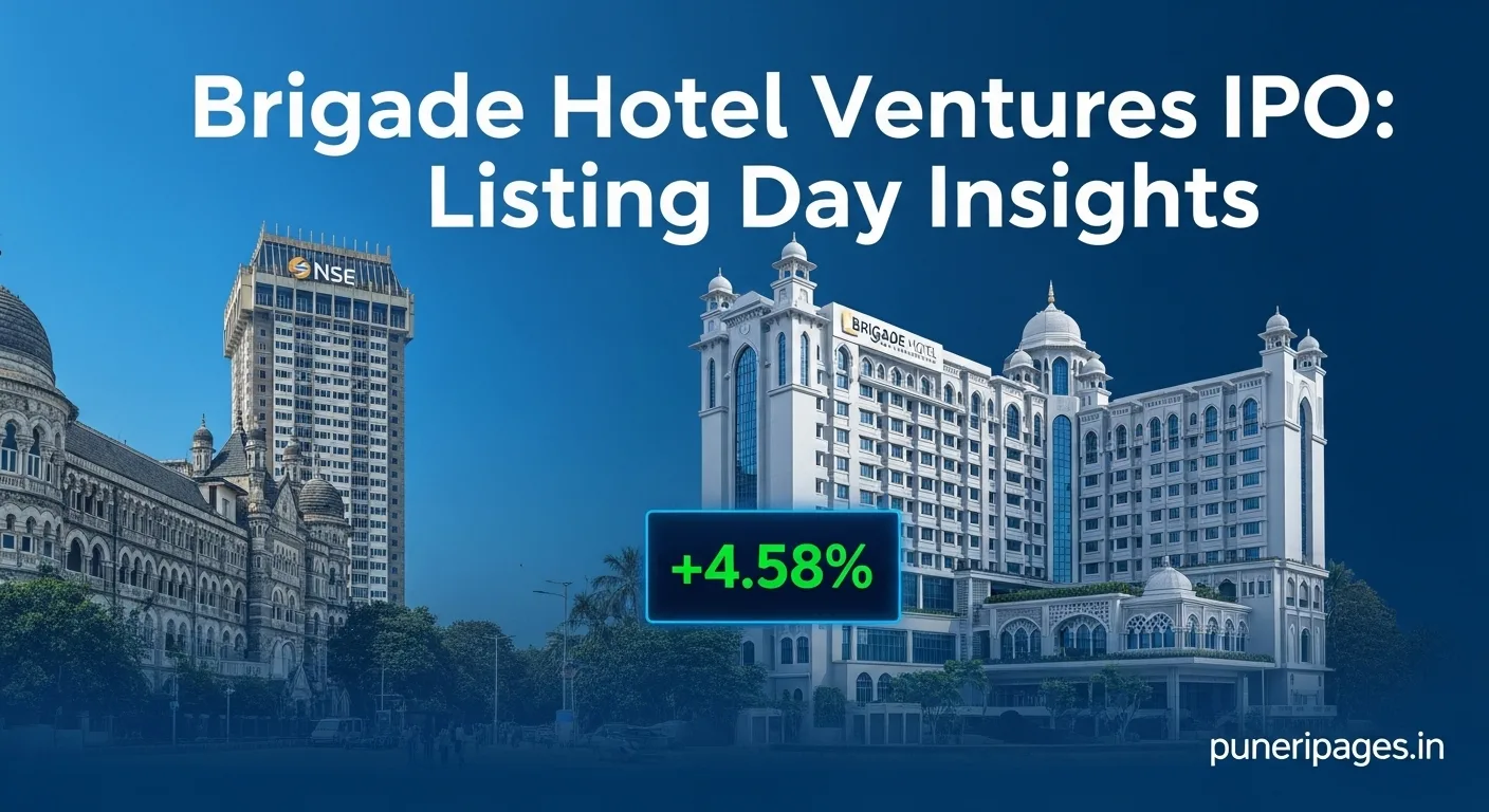 Brigade Hotel Ventures IPO listing banner with NSE stock ticker and hotel building illustration