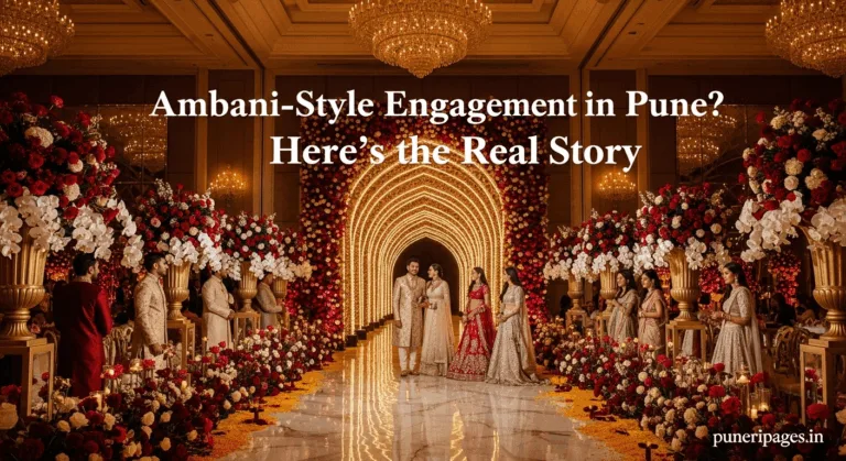 Luxury engagement party scene in Pune with traditional Indian decor, guests, and festive lights.