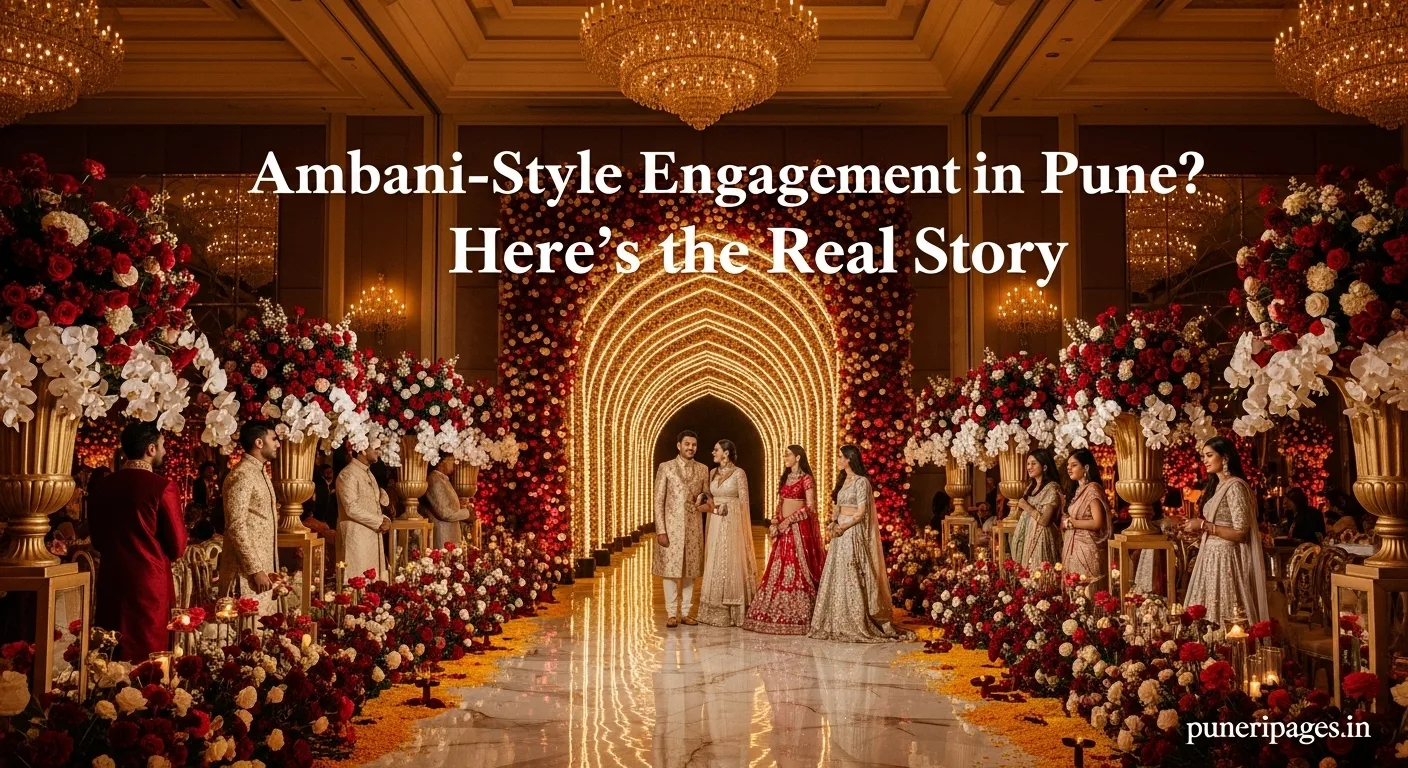 Luxury engagement party scene in Pune with traditional Indian decor, guests, and festive lights.