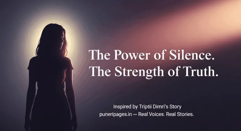 Illustration of a woman standing in the shadows with soft spotlight behind her and emotional text overlay about Triptii Dimri's confession.