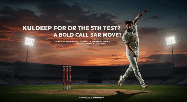 Stylized cricket image of Kuldeep Yadav bowling in a dramatic stadium backdrop, with article headline text overlayed.