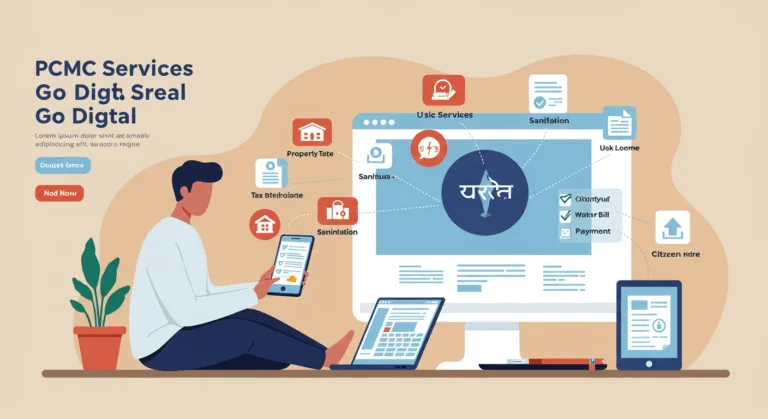 Person using laptop and phone to access PCMC digital services with icons representing online tax payment, birth certificate, and grievance filing. Text reads "PCMC Services Go Digital – 57 Tasks Now Online – puneripages.in"