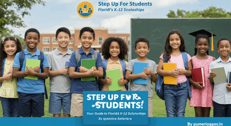 Happy Florida students of diverse backgrounds with school supplies and scholarship icons, promoting Step Up For Students education program