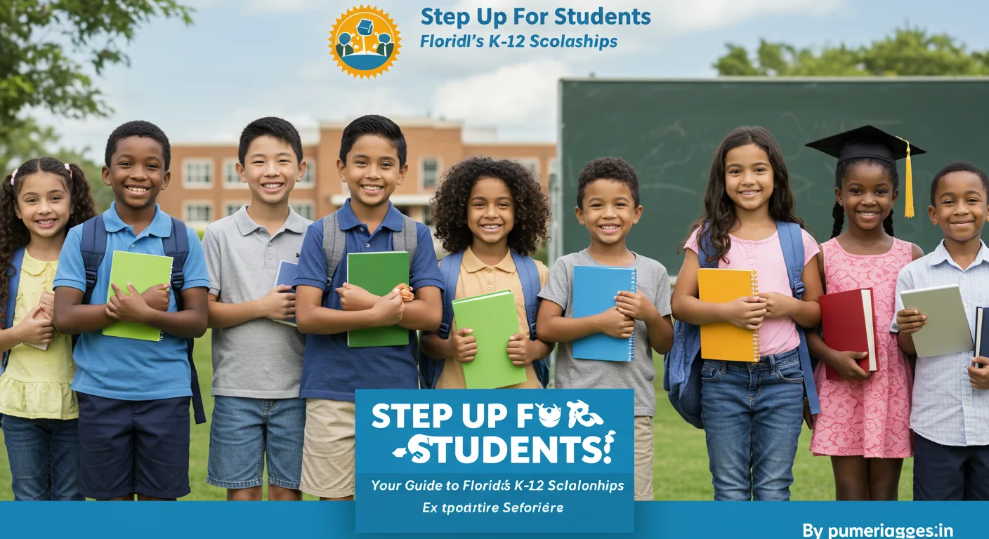 Happy Florida students of diverse backgrounds with school supplies and scholarship icons, promoting Step Up For Students education program